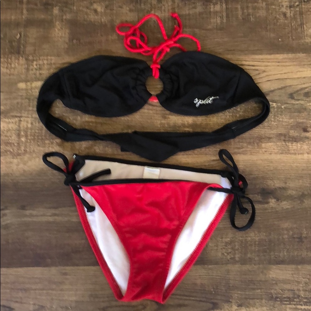 Split black and red two piece bikini